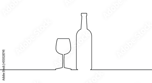 Wine bottle and wine glass drawing with one continuous line. One continuous line of a bottle and wine glass. Vector illustration. photo