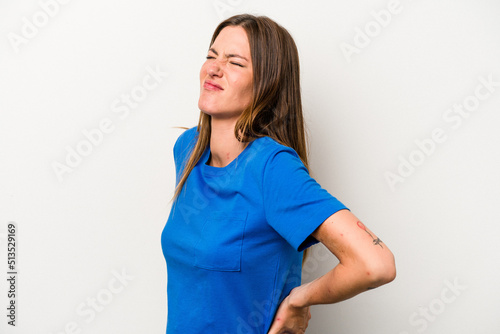 Young caucasian pregnant woman isolated on white background suffering a back pain.