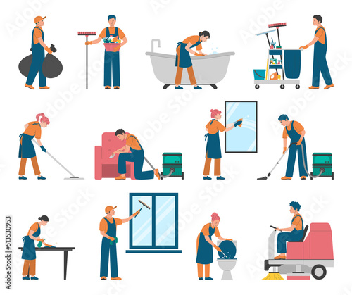 Cleaning service set vector isolated. Collection of people in uniform doing professional cleaning. Housework, janitor washing floor, windows and mirrors. Sponge, mop and vacuum cleaner.