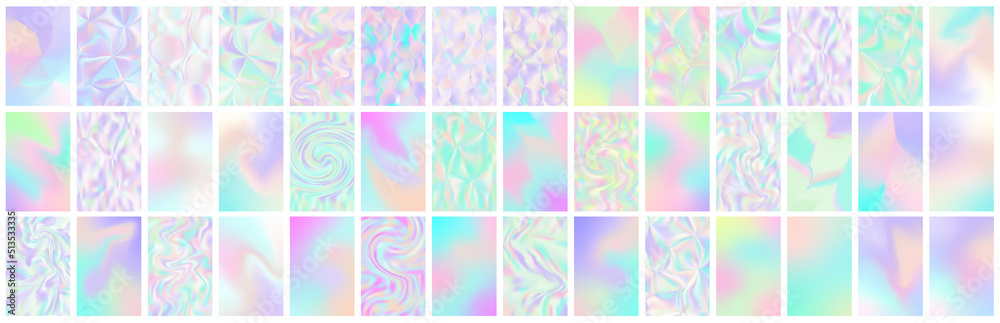 Set of holographic gradient background. Abstract retro furistic cover set. 90s, 80s style for brochure, banner, flyers. Pastel neon rainbow metallic texture. Iridescent foil or glitch. Vector