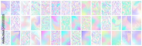 Set of holographic gradient background. Abstract retro furistic cover set. 90s, 80s style for brochure, banner, flyers. Pastel neon rainbow metallic texture. Iridescent foil or glitch. Vector