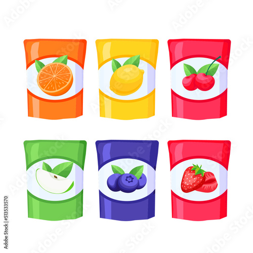 Set of fruit juice packages cartoon vector illustration. Juices. Apple, lemon, orange, strawberry, cherry, blueberry. Set of 6 Colorful juice packs.