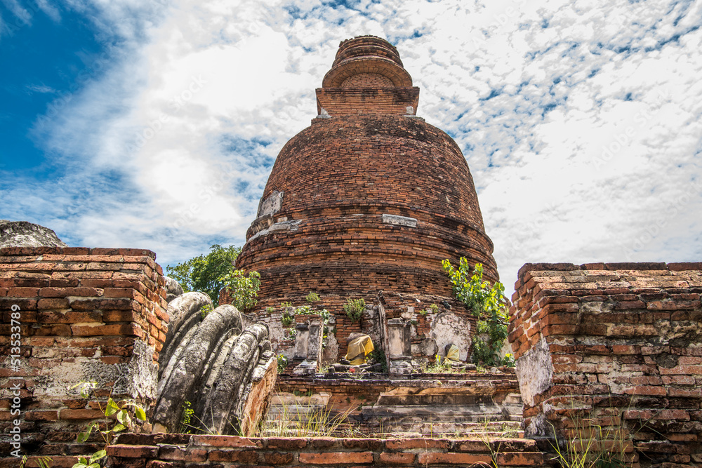 Phra Nakorn Si Ayutthaya,Thailand on May 27,2020:Principal pagoda with the base surrounded by elephant statues at Wat Maheyong in Ayutthaya Historical Site.
