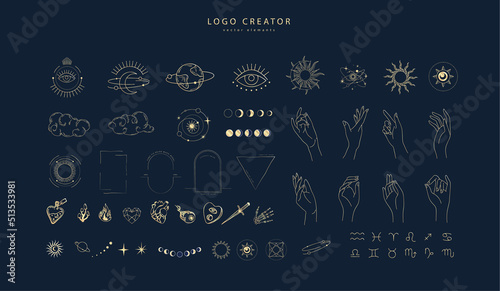 Logo design creator with different frames, floral elements and hand gestures. Magic objects in a minimalistic linear style elements set isolated on background. Vector minimal trendy