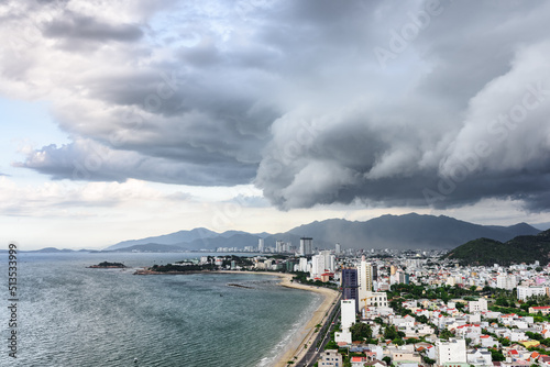 Storm over Nha Trang, Vietnam. Aerial view of the city