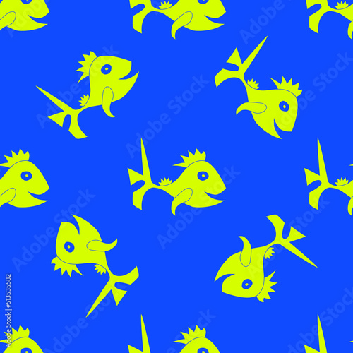 Funny fish seamless vector pattern. Smiling yellow shark on a blue background