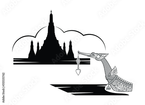 Line art of Bangkok Thailand symbols with Royal barge and Wat Arun Ratchawararam temple along chaophaya river drawing in black and white vector photo