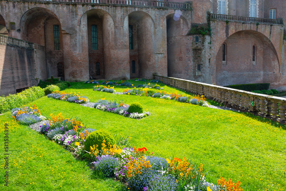 The garden with flowers in the Toulouse-Lautrec museum in Albi in France.