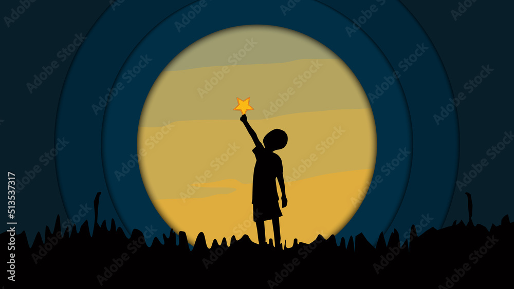 Silhouette of children grab the stars at sunset. Vector illustration Silhouette of children grab the stars at sunset. Vector illustration