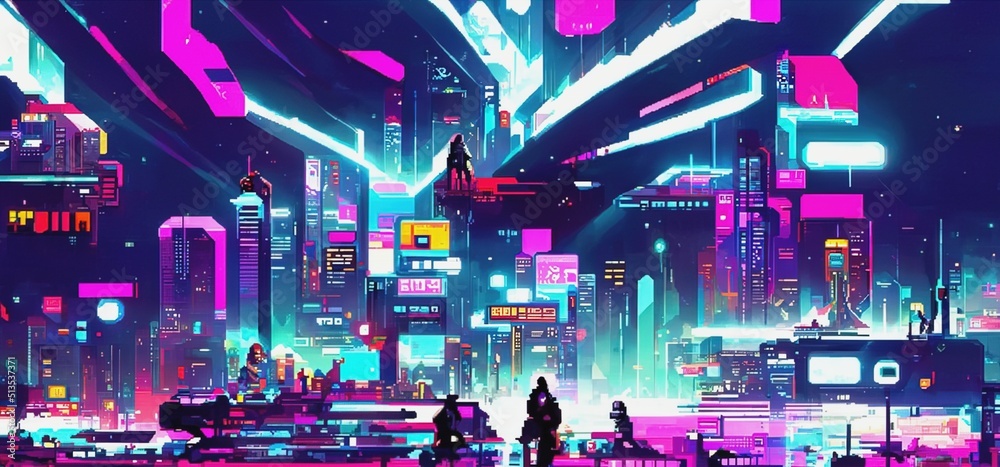 Cyberpunk city street. Sci-fi wallpaper. Futuristic city scene in a style  of pixel art. Urban scene. Generative AI. 22451635 Stock Photo at Vecteezy