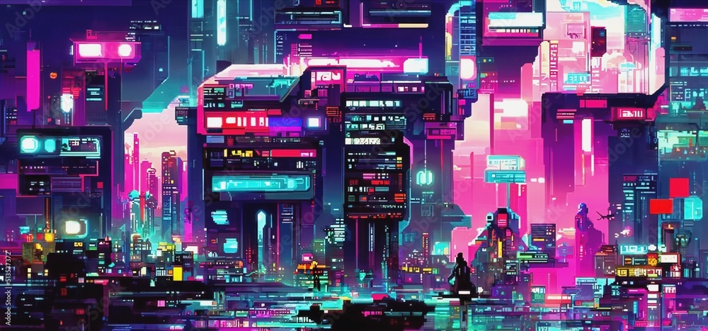 Cyberpunk city street. Sci-fi wallpaper. Futuristic city scene in