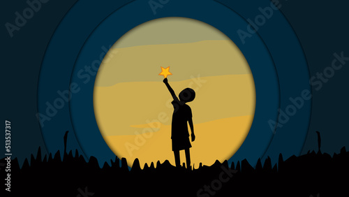 Silhouette of children grab the stars at sunset. Vector illustration