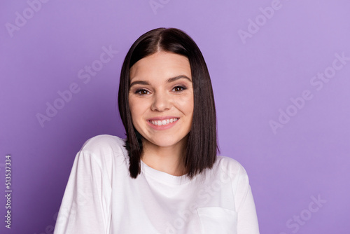 Photo of young cheerful girl toothy smile wear casual clothes whitening clinic dentist isolated over violet color background