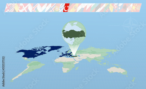Turkey member of North Atlantic Alliance selected on perspective World Map. Flags of 30 members of alliance.