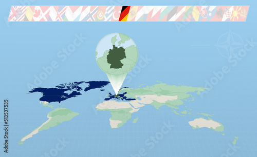 Germany member of North Atlantic Alliance selected on perspective World Map. Flags of 30 members of alliance.