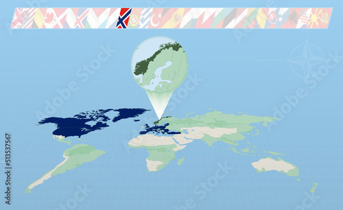 Norway member of North Atlantic Alliance selected on perspective World Map. Flags of 30 members of alliance.