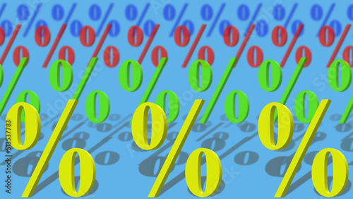 Multicolored percent signs on a blue background. 3d illustration.