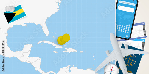 Travel to The Bahamas concept, map with pin on map of The Bahamas. Vacation preparation map, flag, passport and tickets.