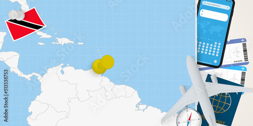 Travel to Trinidad and Tobago concept, map with pin on map of Trinidad and Tobago. Vacation preparation map, flag, passport and tickets.