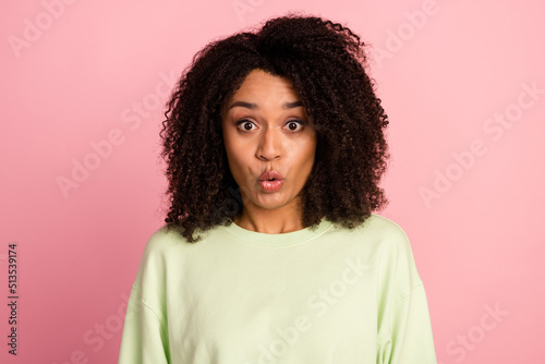 Photo of young woman pouted lips face reaction fillers cosmetology isolated over pink color background