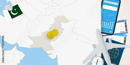 Travel to Pakistan concept, map with pin on map of Pakistan. Vacation preparation map, flag, passport and tickets.