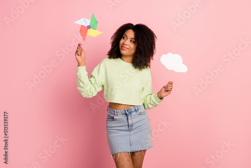 Photo of young cheerful lady have fun hold paper stick windmill bubble isolated over pink color background photo