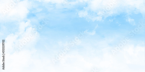 Blue sky with soft white clouds in sunny day. Panoramic Nature sky background, texture for Design. Wide Angle Wallpaper or Web banner With Copy Space