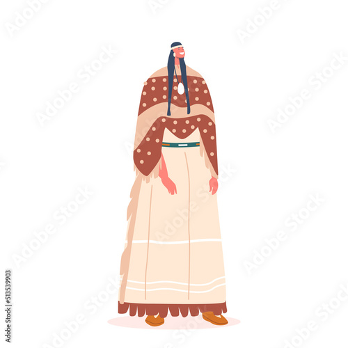 Indian American Female with Pigtails. Native Person in Tribal Dress, Girl Wear Carnival Costume, Indigenous Festival