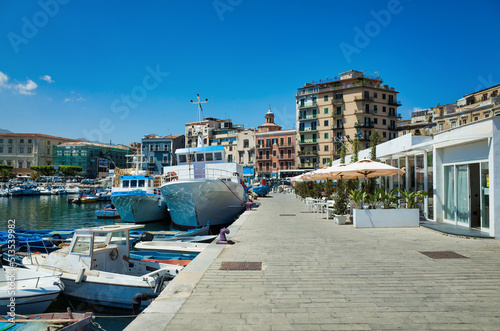 Obraz na płótnie Palermo, Sicily - July 29, 2016: Small port with fishing boats in the center of Mondello w salonie