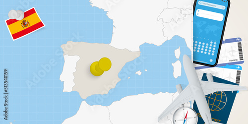 Travel to Spain concept, map with pin on map of Spain. Vacation preparation map, flag, passport and tickets.