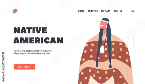 Native American Landing Page Template. Indigenous Indian Female Character with Pigtails. Person in Tribal Dress