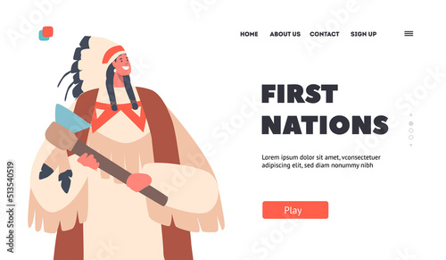 First Nations Landing Page Template. Warlike Indian American Male Character with Pigtails and Axe. Indigenous Warrior