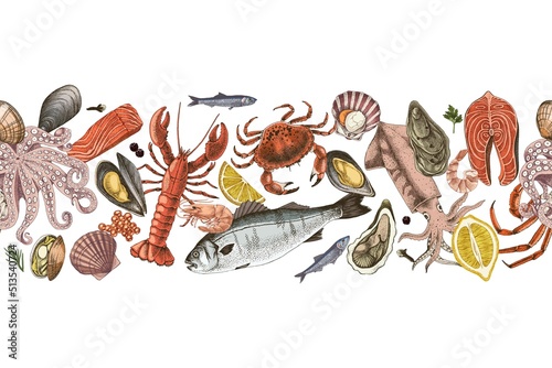 Hand drawn Seafood seamless border