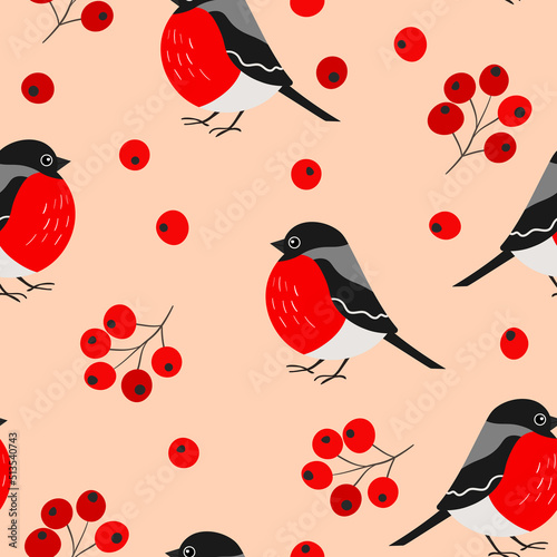 Seamless pattern with funny colorful bullfinch birds, flowers and berries. Color flat vector illustration with little cartoon bird. Cute characters. Design for invitation, card, textile, fabric