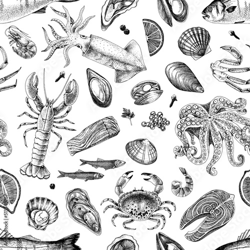 Hand drawn seafood seamless pattern monochrome