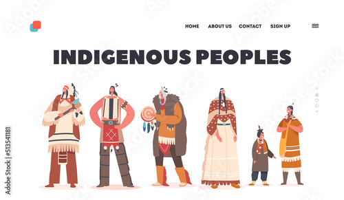 Indigenous People Landing Page Template. Indian American Characters Warrior, Men, Women and Children with Shaman