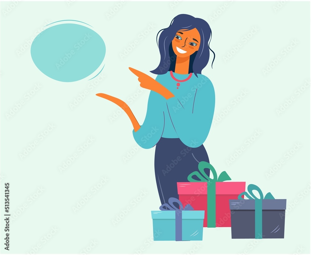 Obraz premium Banner with a young girl pointing at an advertising speech bubble. Nice woman points to discounts. Happy lady with a bunch of parcels. Vector flat isolated illustration.