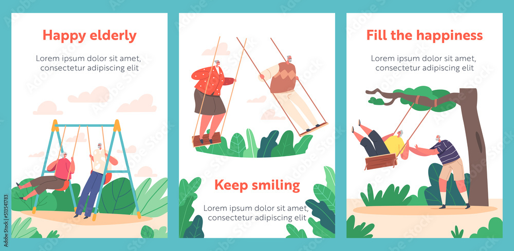 Fototapeta premium Funny Senior Characters Swing Cartoon Banners, Old Man and Woman Having Outdoors Fun Swinging on Seesaw
