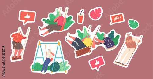 Set of Stickers Funny Senior Characters Swing, Old Man and Woman Having Outdoors Fun Swinging on Seesaw
