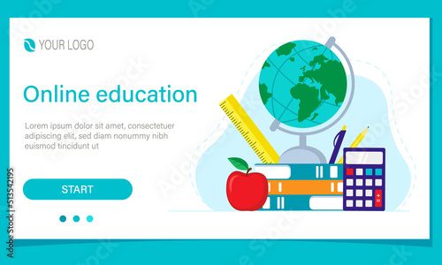 Online education web banner design. Globe, books, calculator and other school supplies. Vector illustration