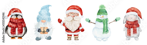 Set of Watercolor Christmas characters - scandinavian gnomes, Santa Claus, snowman, rabbit and penguin isolated onwhite background.