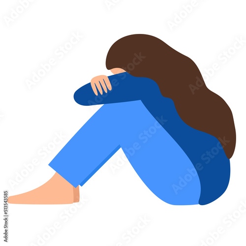 sad and hopless woman hugging her knees and crying. Depressed girl sitting on floor. Vector illustration isolated on white background