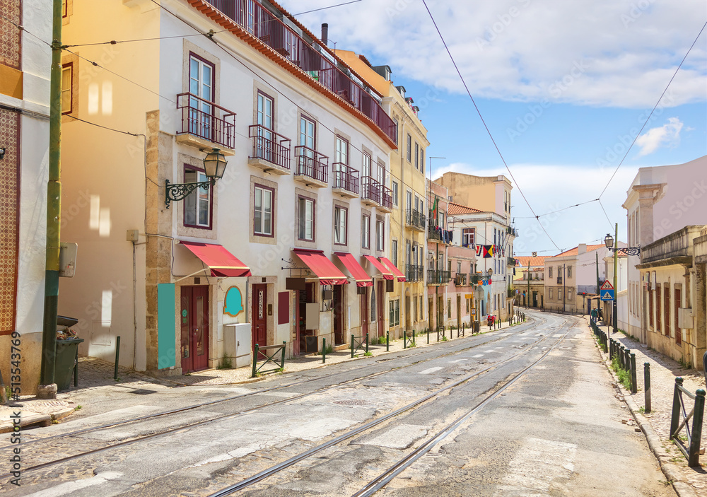 A beautiful old Rua das Escolas Gerais street in Alfama. Lisbon, Portugal