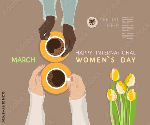 Happy International Women`s Day on 8 March greeting banner, poster, flyer, promo, ad for cafe, coffee house. Two diverse skin young women holding coffee cups, shaped as number eight, tulip flowers
