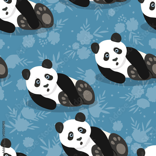 Canvas Print Seamless pattern with cute panda baby on color background