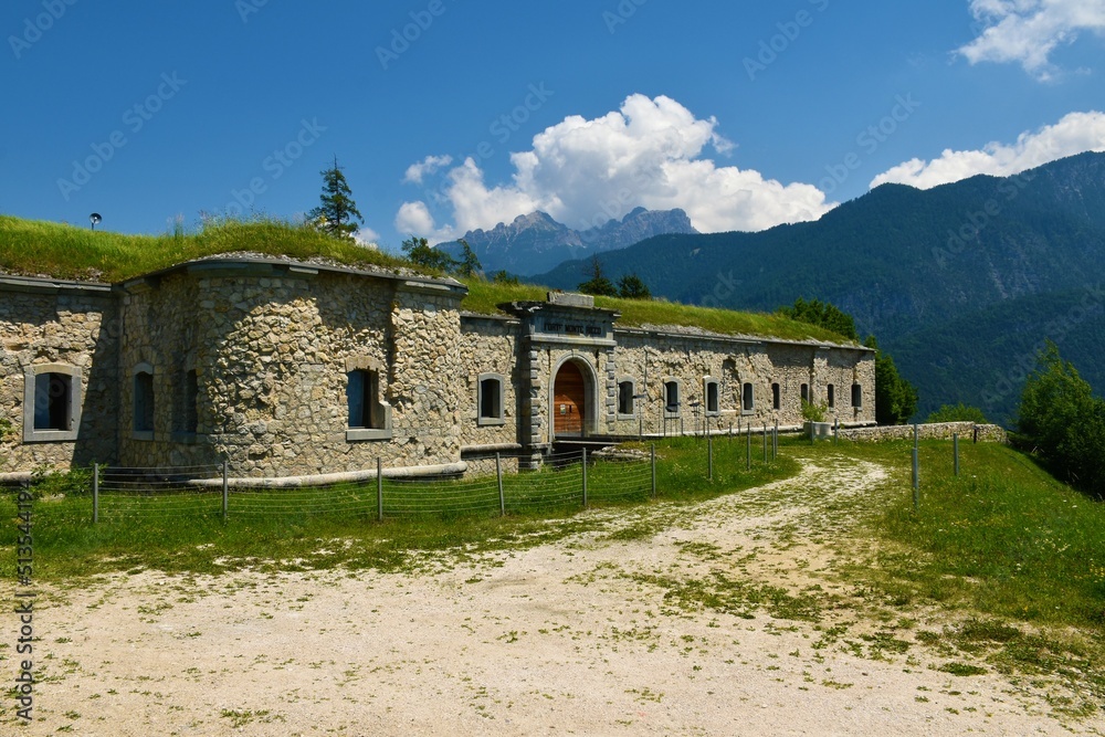 View of Forte monte ricco fortification above the town of Pieve di Cadore