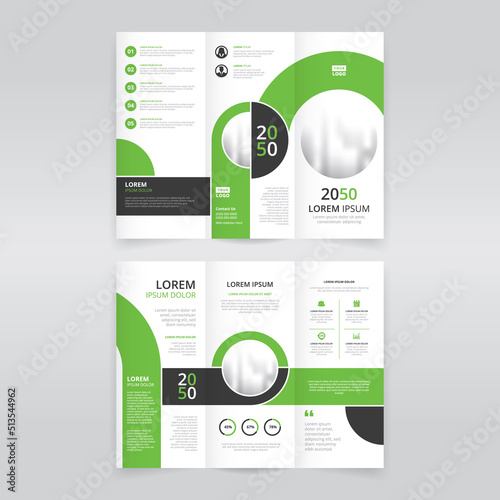 Modern trifold brochure template with lime green and black color stripes and circles, trifold flyer layout, pamphlet, leaflet photo