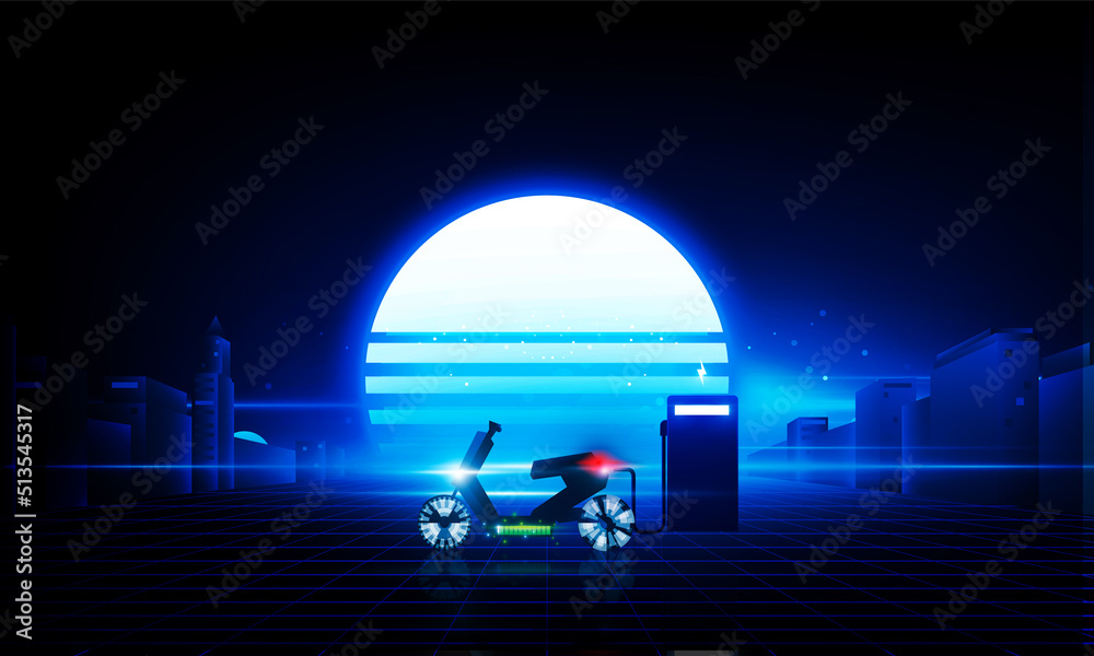 Abstract Light out sunset of city retro background and Electric motorcycle car at charging station. Hitech communication concept innovation background vector design.