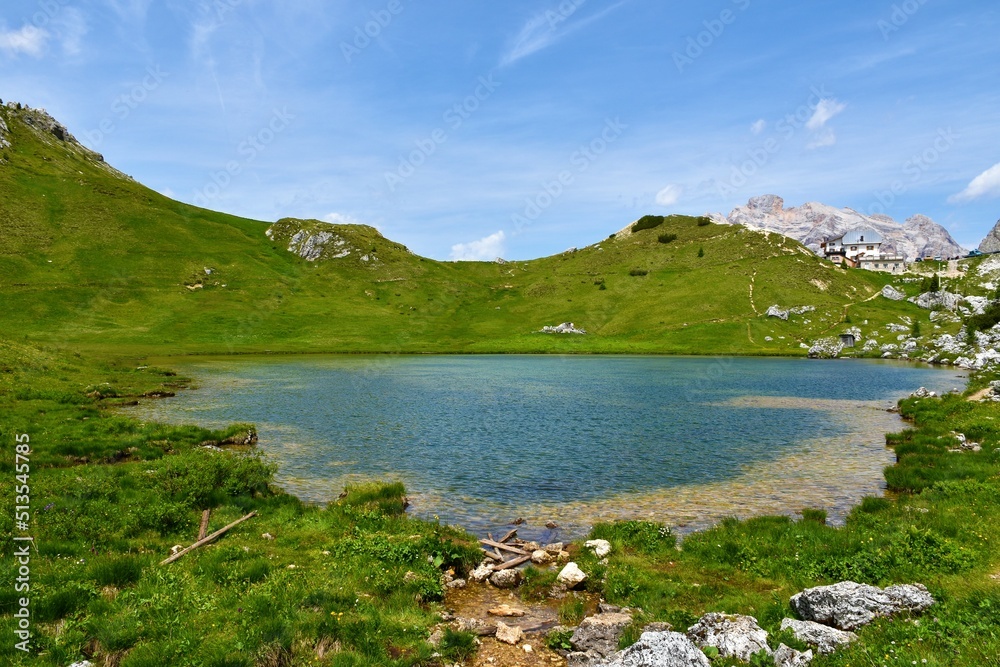 Lake Valparola in Dolomite mountains in Veneto region of Italy