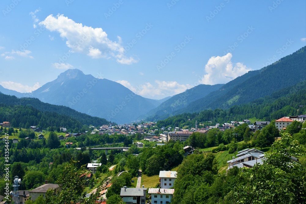 View of the town of Tai di Cadore in Veneto region and Belluno province in Italy and mountain Monte Zucco